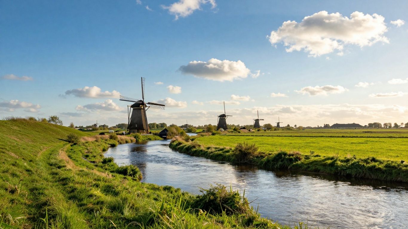 Nederlandse natuur met molens en rivier