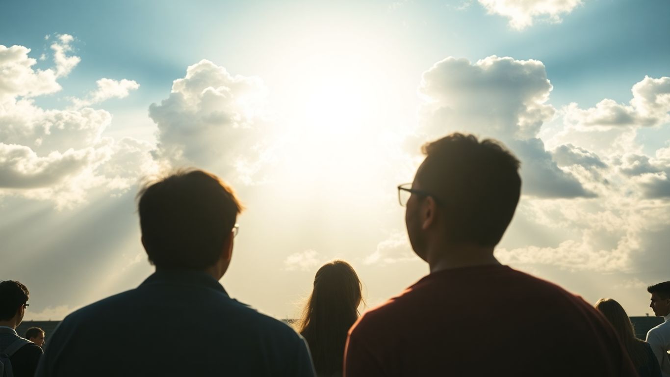 People looking towards a bright future horizon.