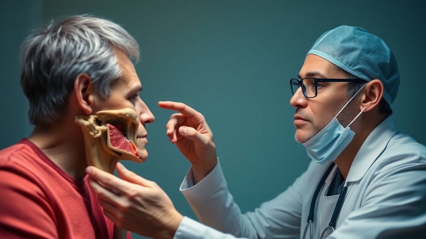 Surgeon discusses facial anatomy with patient.
