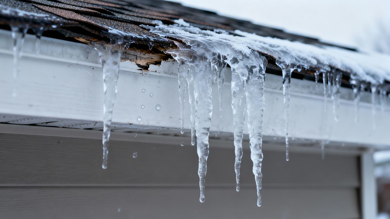 Icicles hanging from a damaged roof edge.