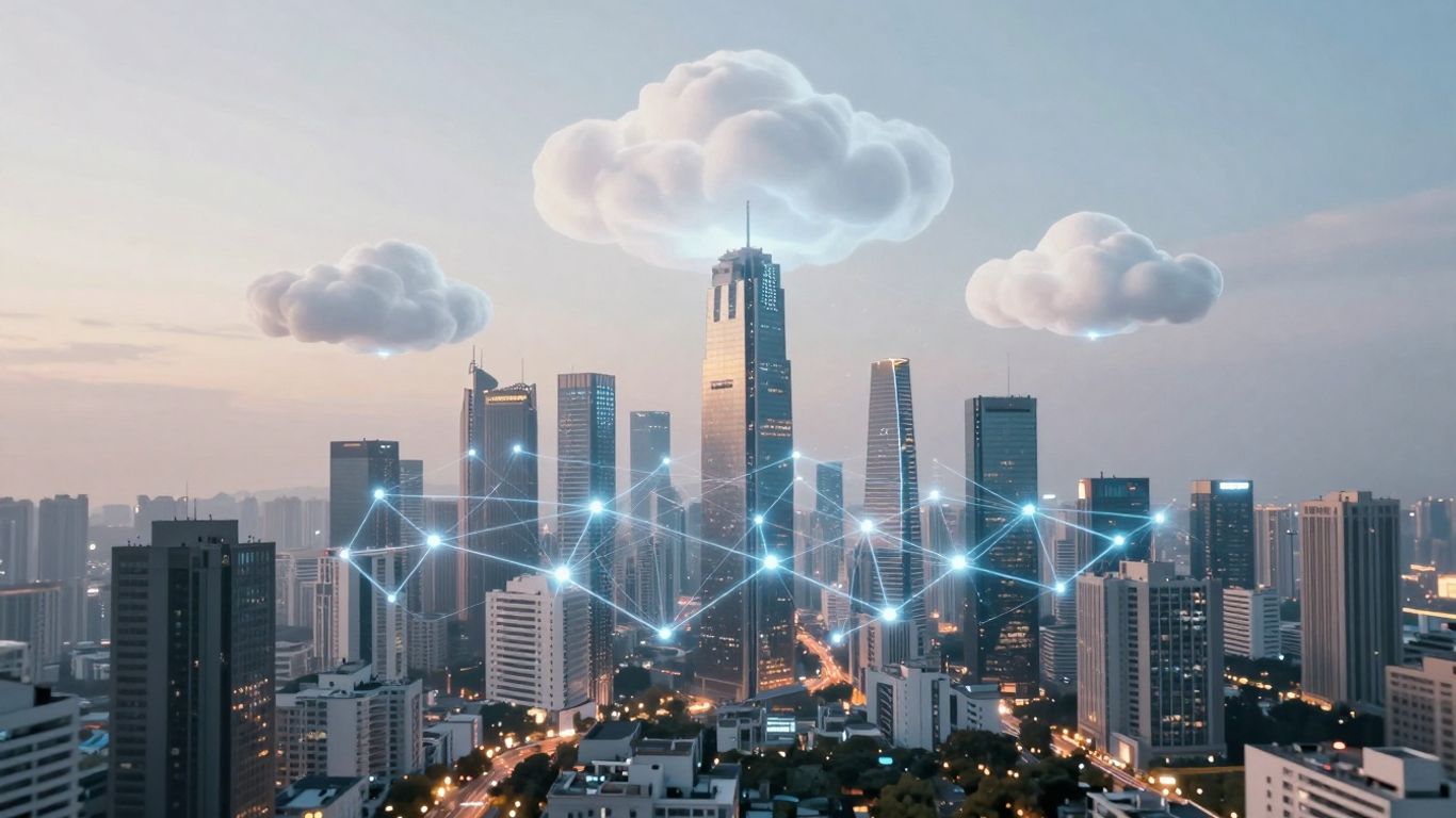 Digital cloud architecture with glowing connections and abstract shapes.