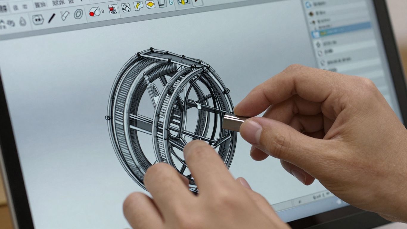 Hands designing a 3D model in SolidWorks software.