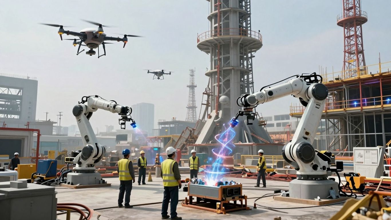 Futuristic worksite with advanced technology and potential hazards.
