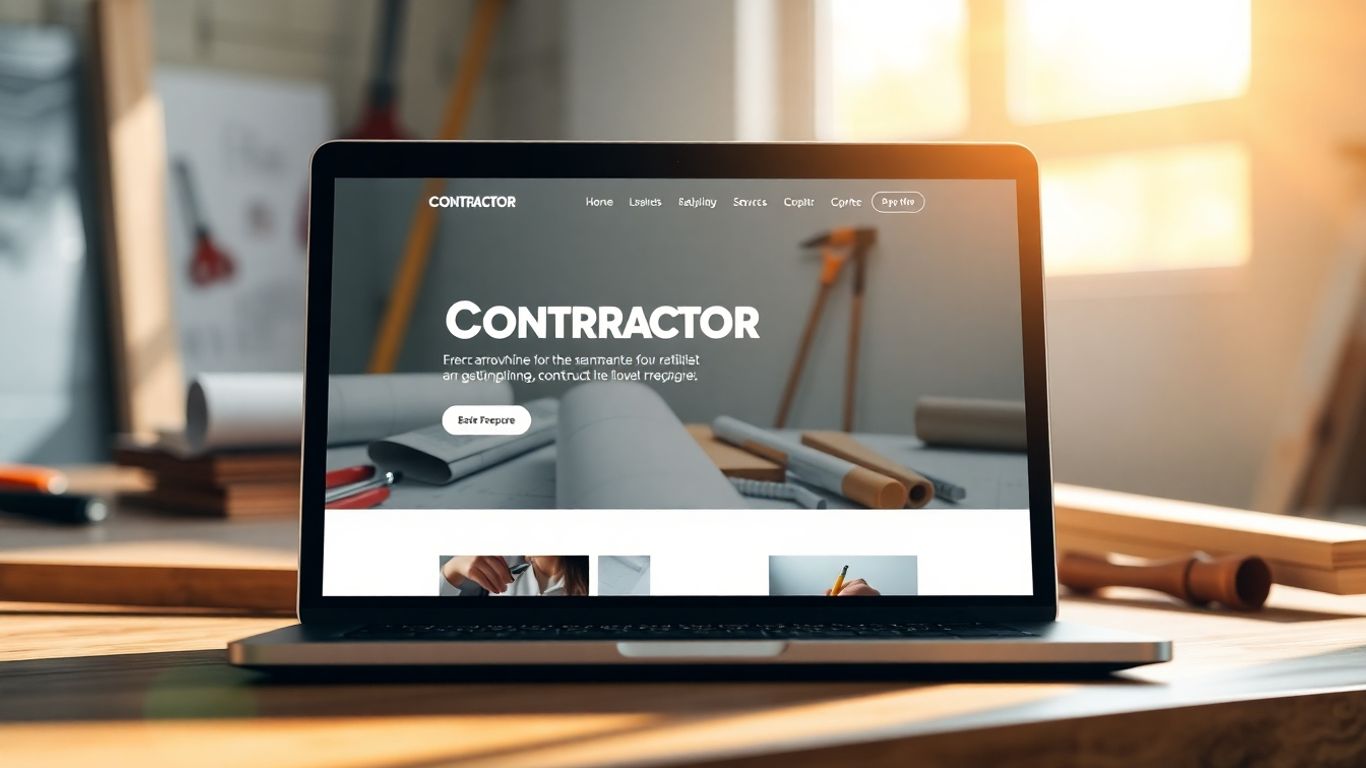 Contractor website on laptop with tools and blueprints.