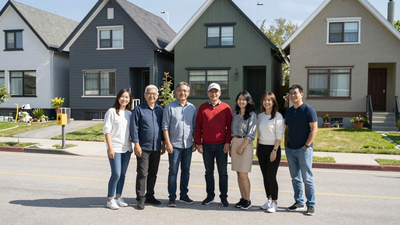 Modern affordable housing with diverse people outside.