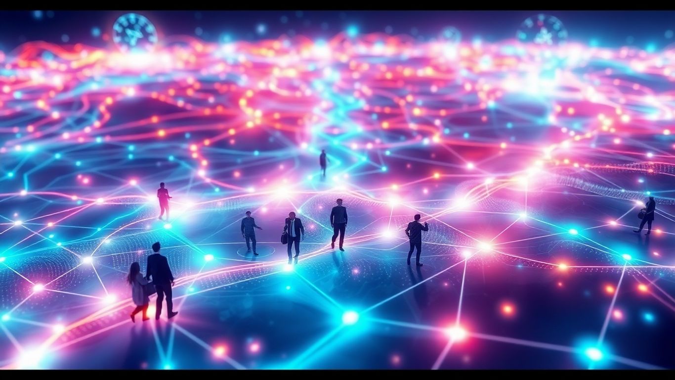 Abstract digital landscape with interconnected nodes and figures.