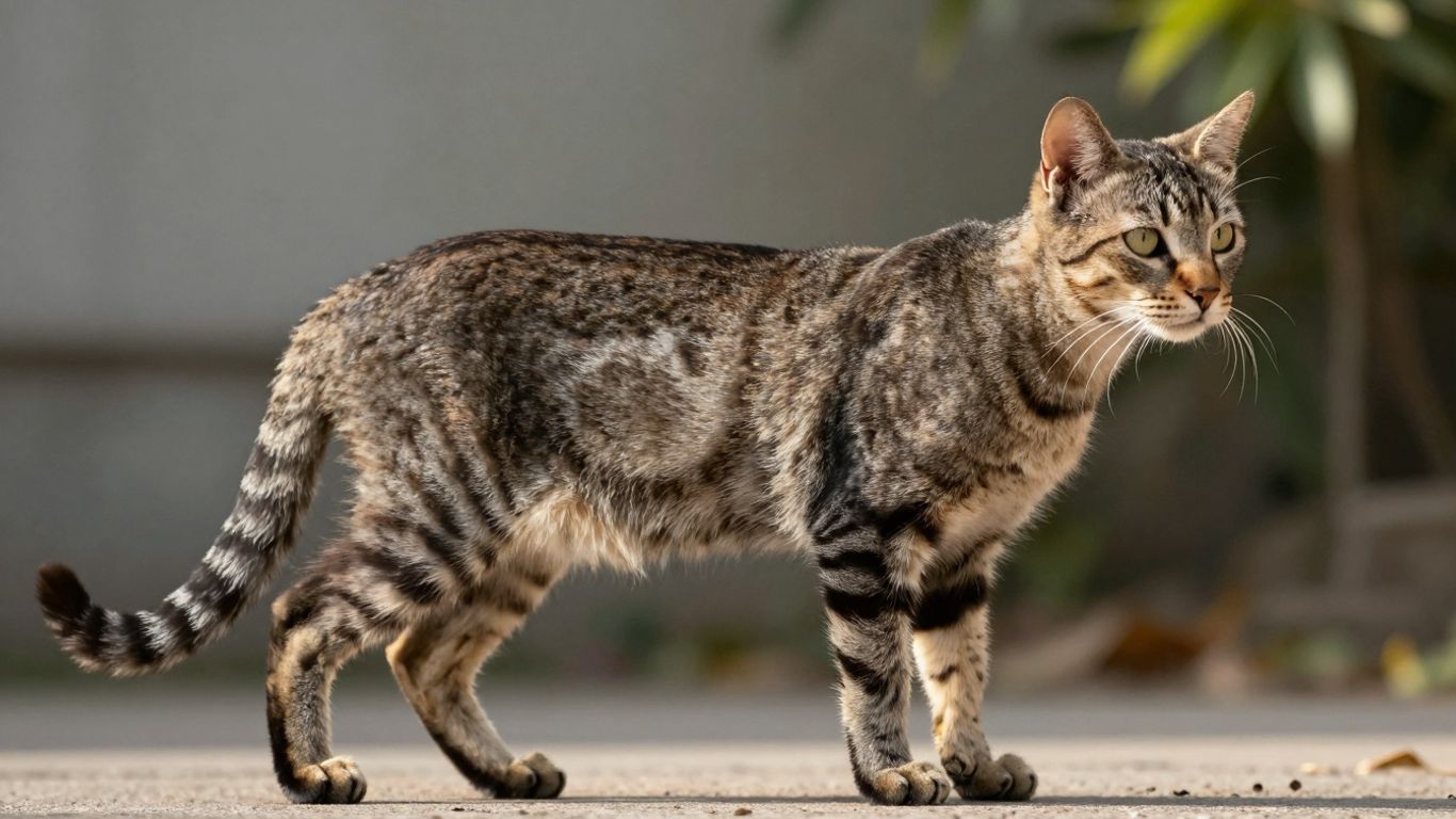 Healthy cat with lean body and alert posture.