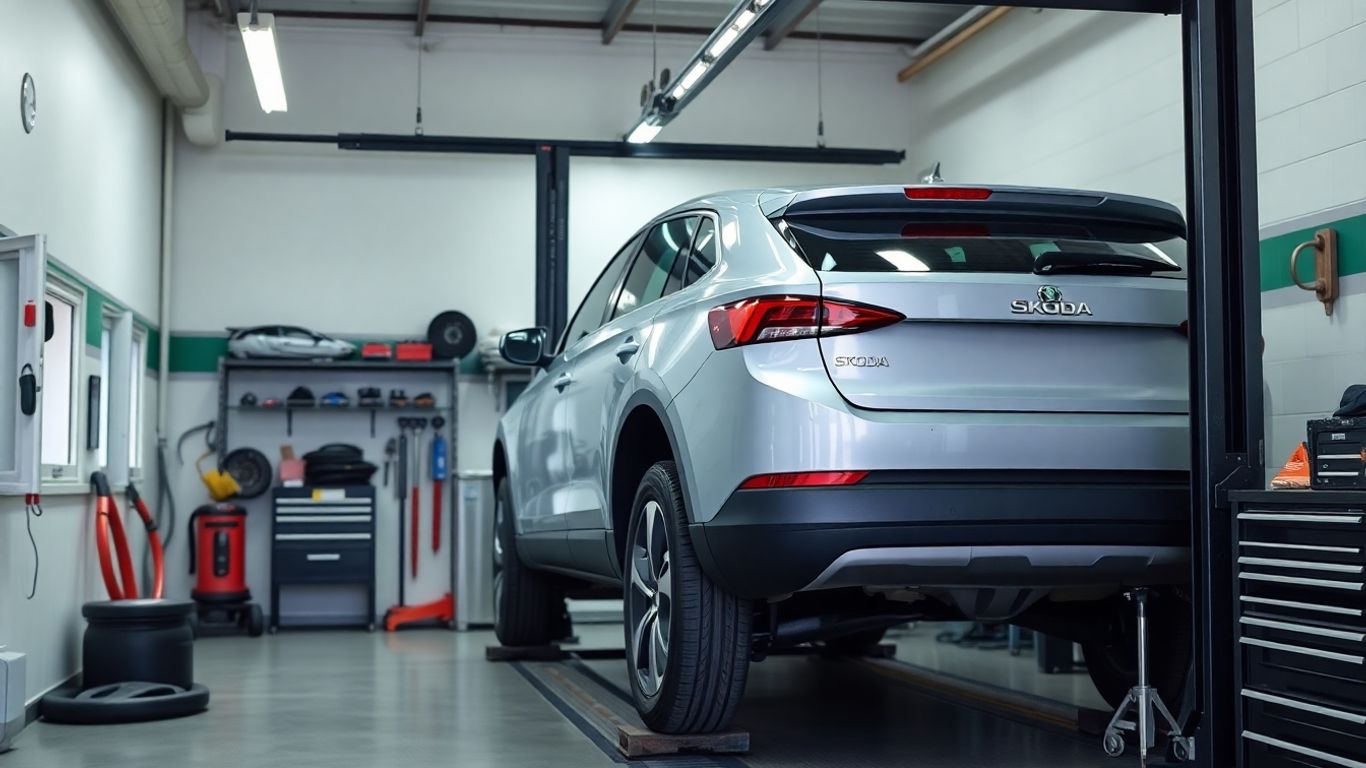 Skoda car being serviced in a garage