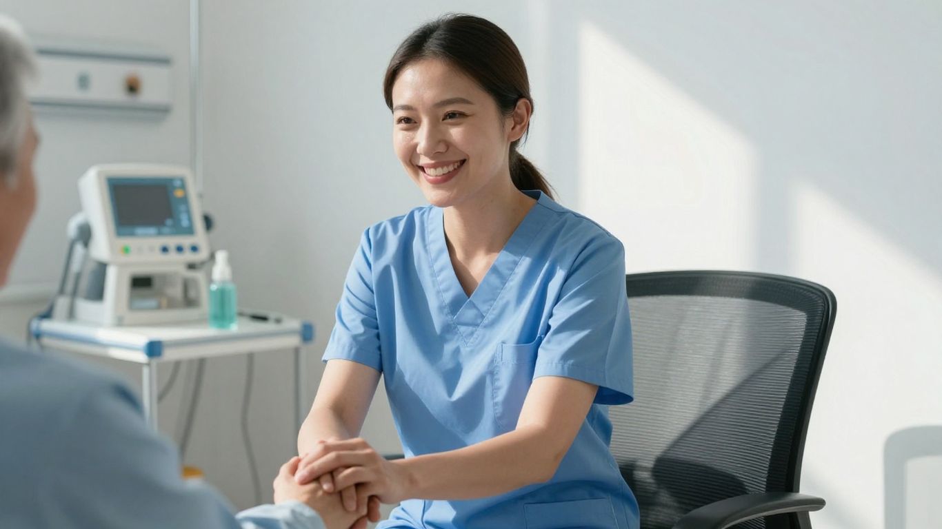 Nursing assistant helping a patient in a healthcare setting.