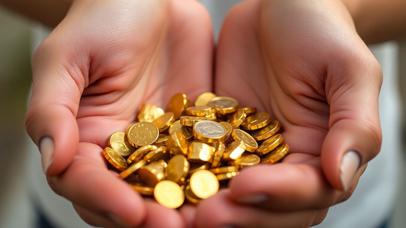 手拿著金塊和金幣。