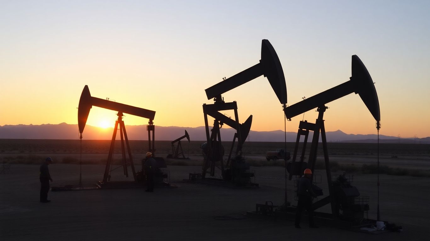Pompes à pétrole avec travailleurs, coucher de soleil, paysage désertique.
