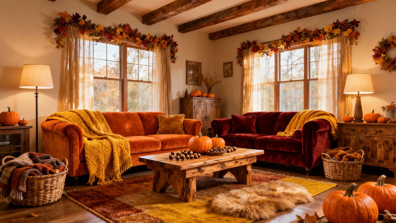 Cozy fall living room with warm, autumnal colors.