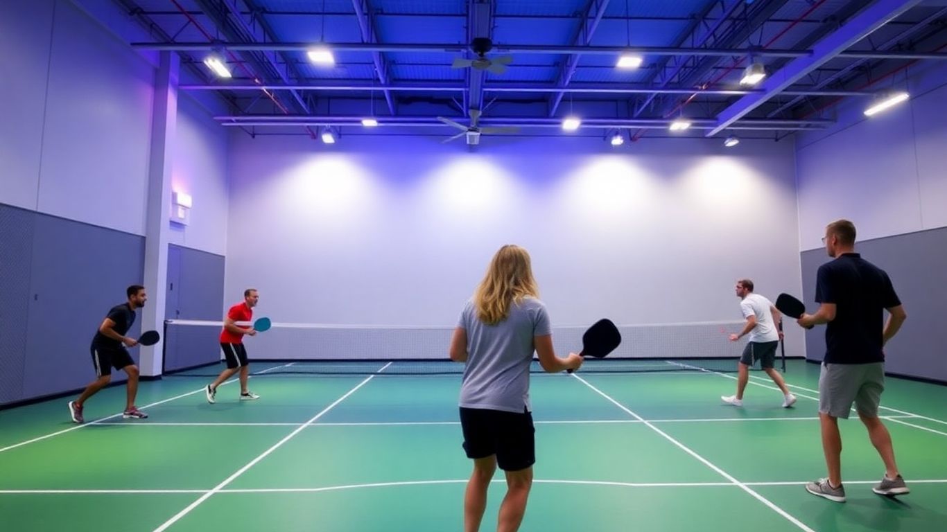Indoor pickleball court with players in action.