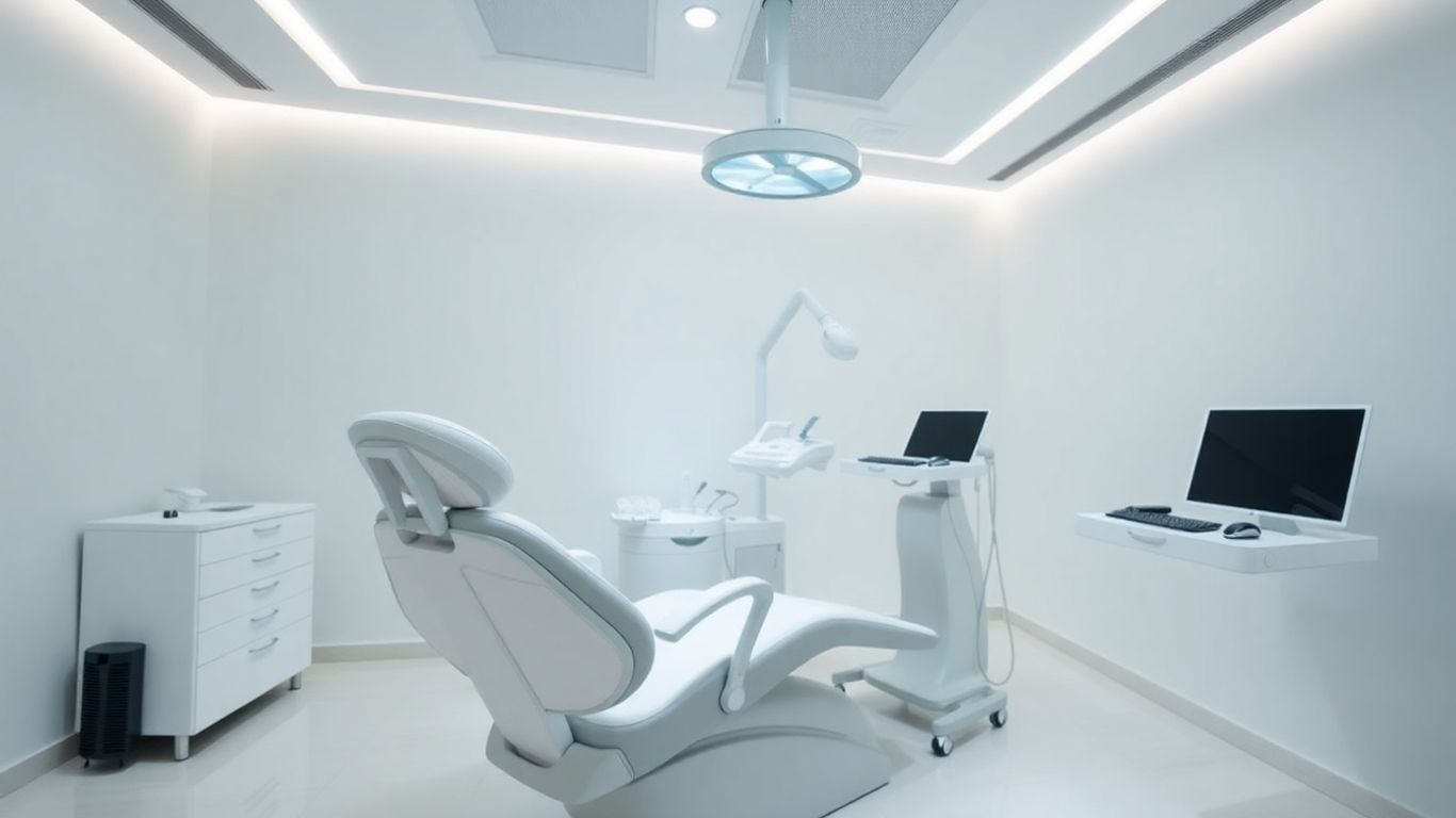 Modern clinic interior with treatment chair and equipment.