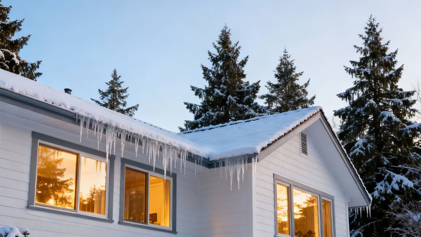 Winter home exterior with snow and warm window light.