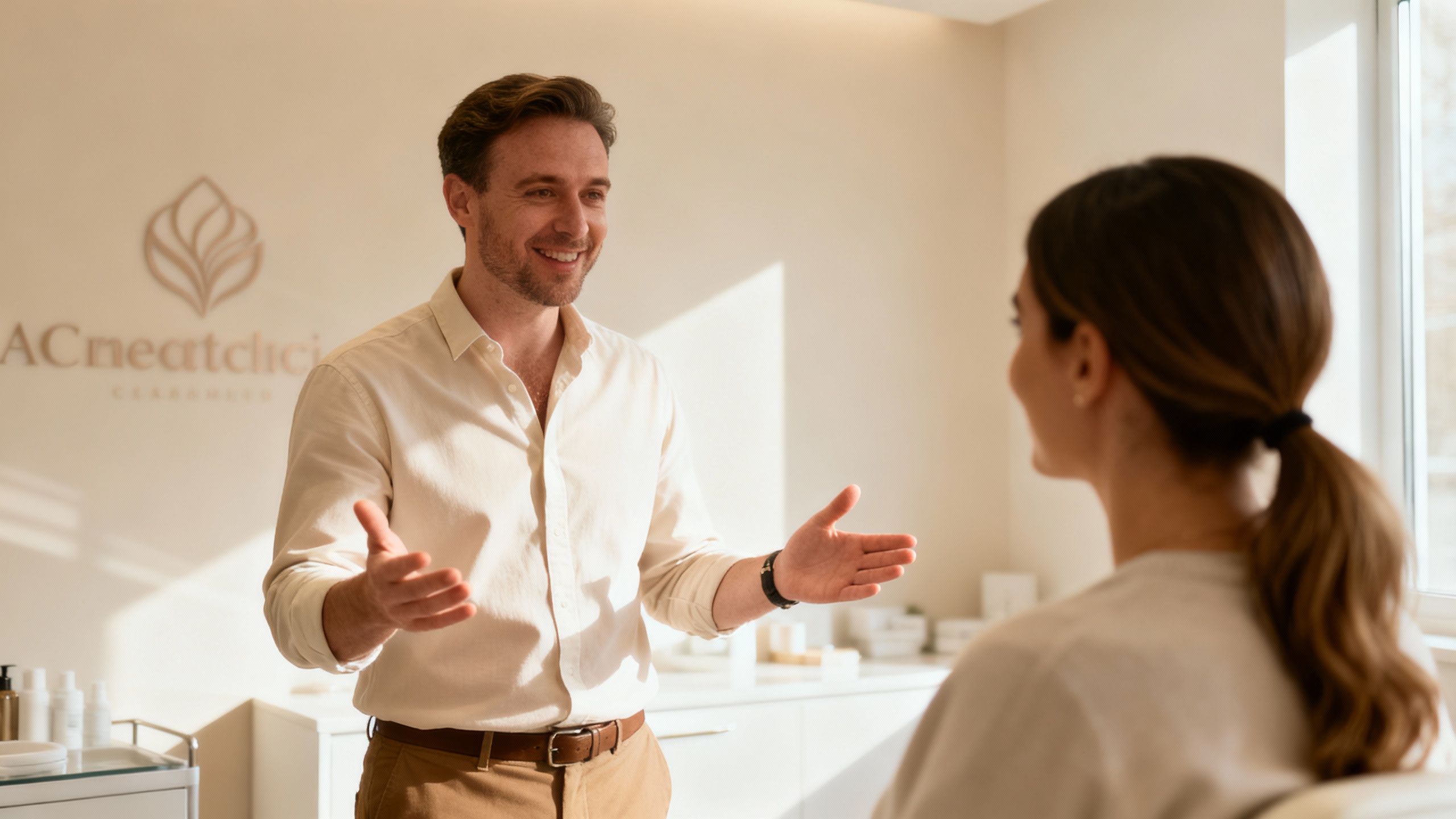 Clinic owner discusses marketing automation with a patient.