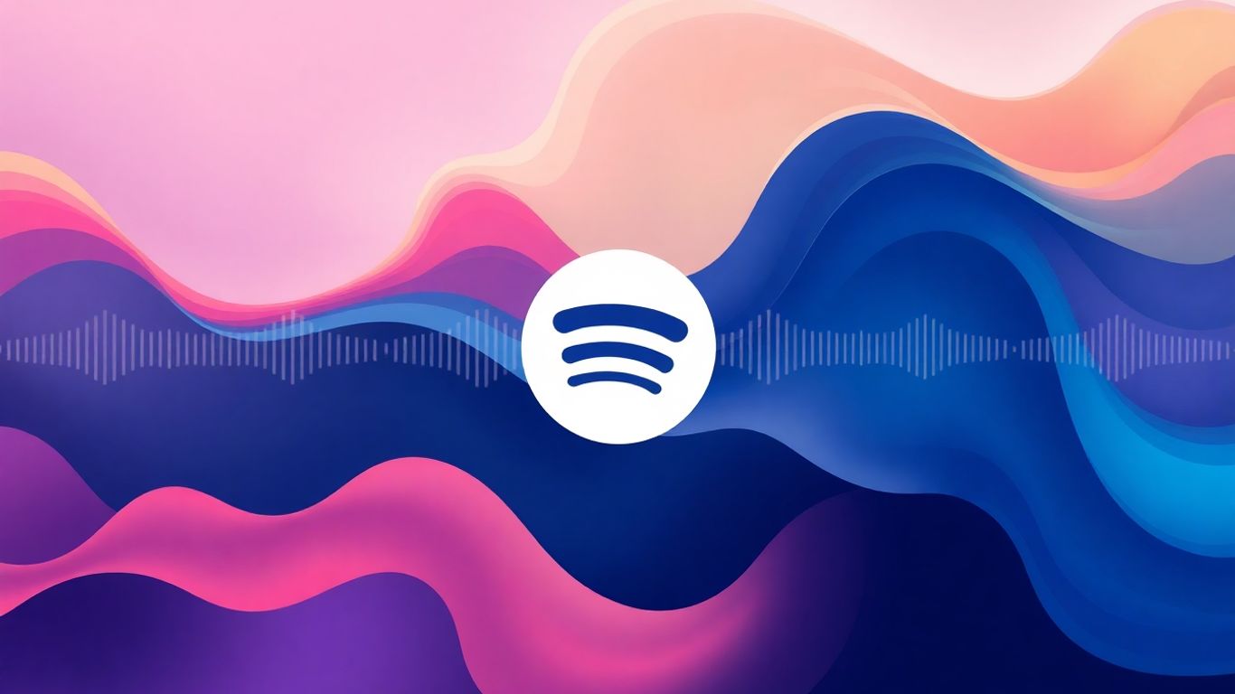 Spotify logo with abstract sound waves and colors.
