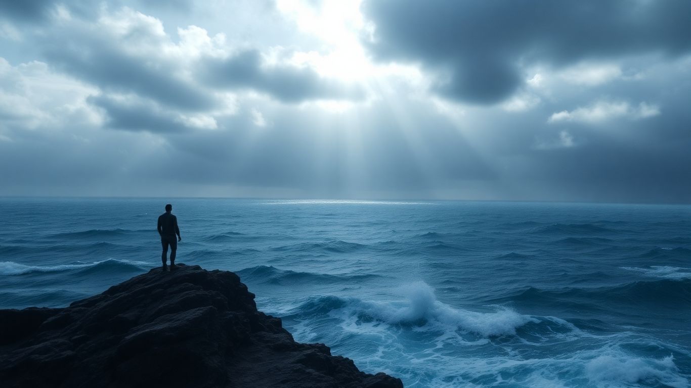 Figura solitária em penhasco com luz solar rompendo nuvens escuras.