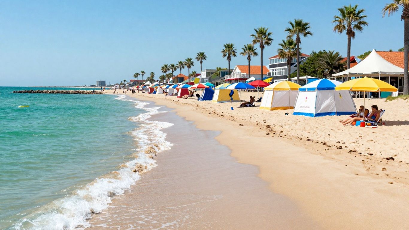Zomerse strandtenten met parasols aan zee in Den Helder.