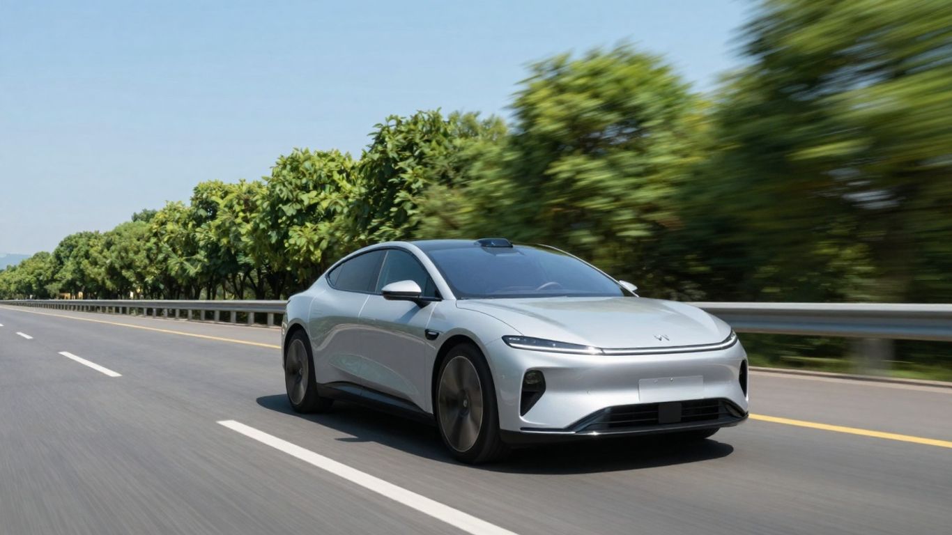 Futuristic electric car driving on a sunny highway.