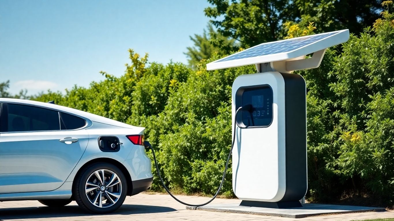 Voiture électrique chargeant à une borne solaire sous le soleil