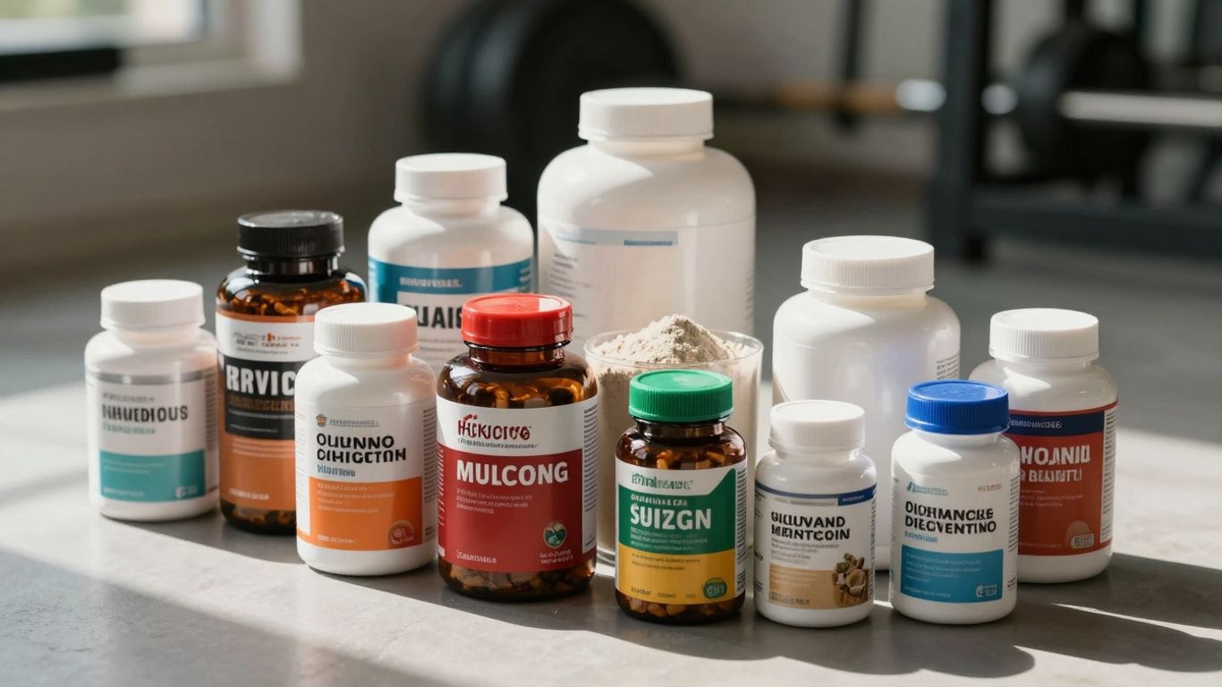 Frascos de suplementos e pós em um fundo limpo.