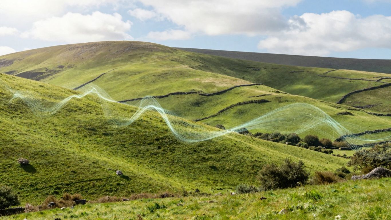 Irish landscape with digital flow suggesting business growth.