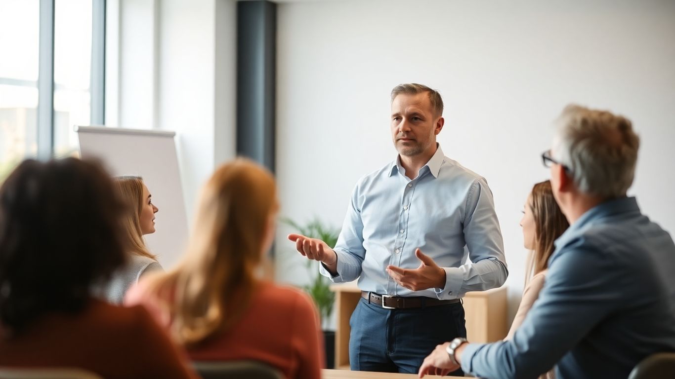 Consultant presenting new service to clients in office.