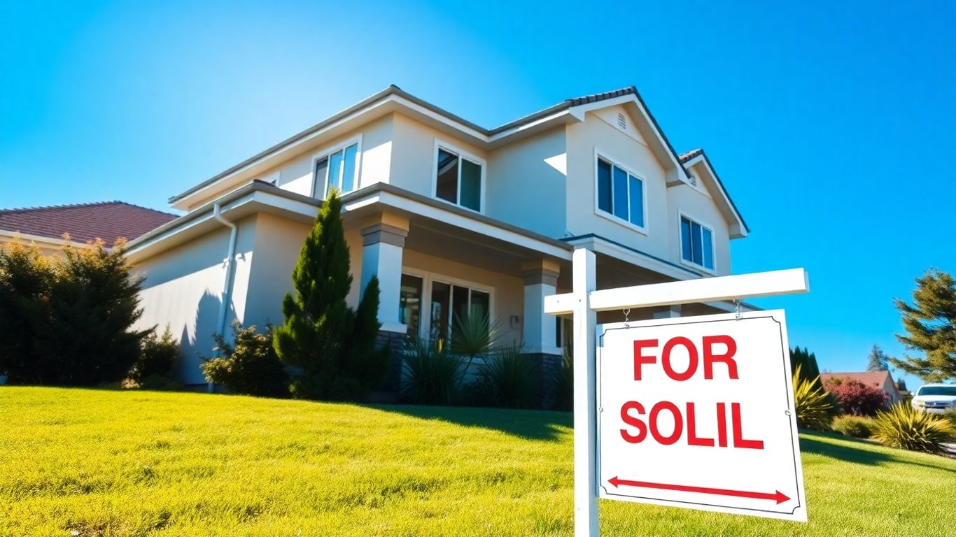 Modern house with a 'For Sale' sign in the yard.
