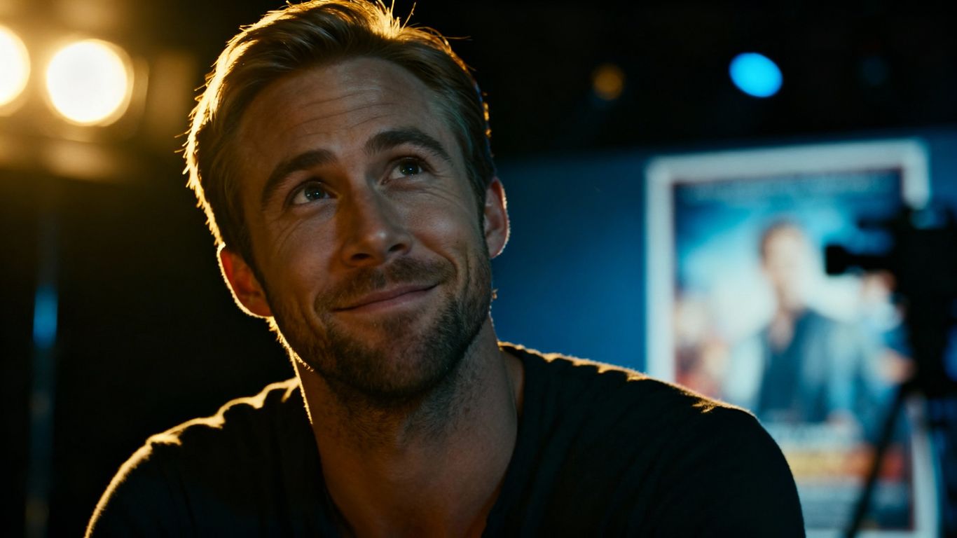 [Ryan Gosling] in a cinematic portrait, looking towards his future.