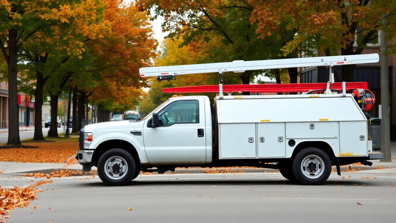 Contractor truck amidst autumn foliage.