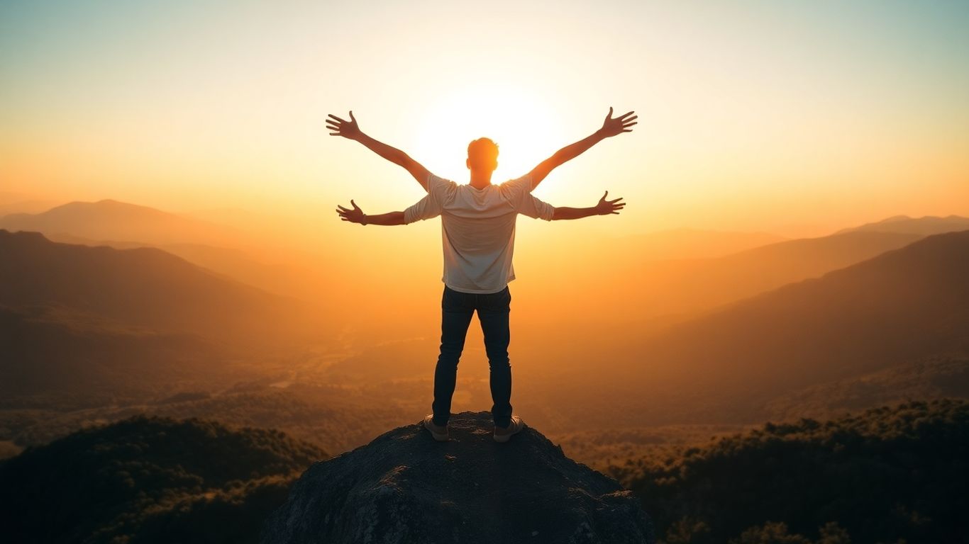 Man celebrating success on a mountaintop.
