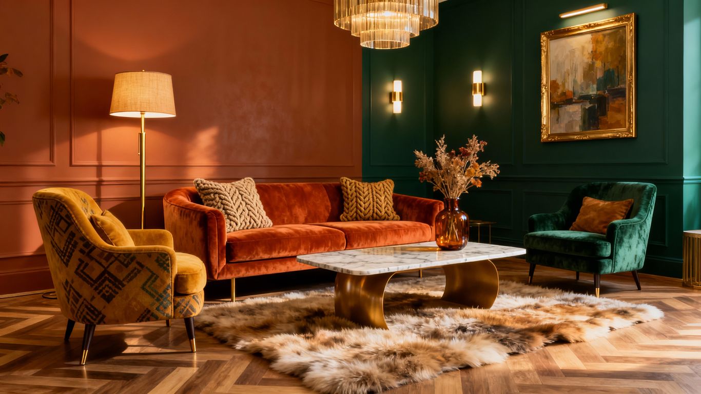 Cozy living room with warm, earthy, and jewel-toned walls.