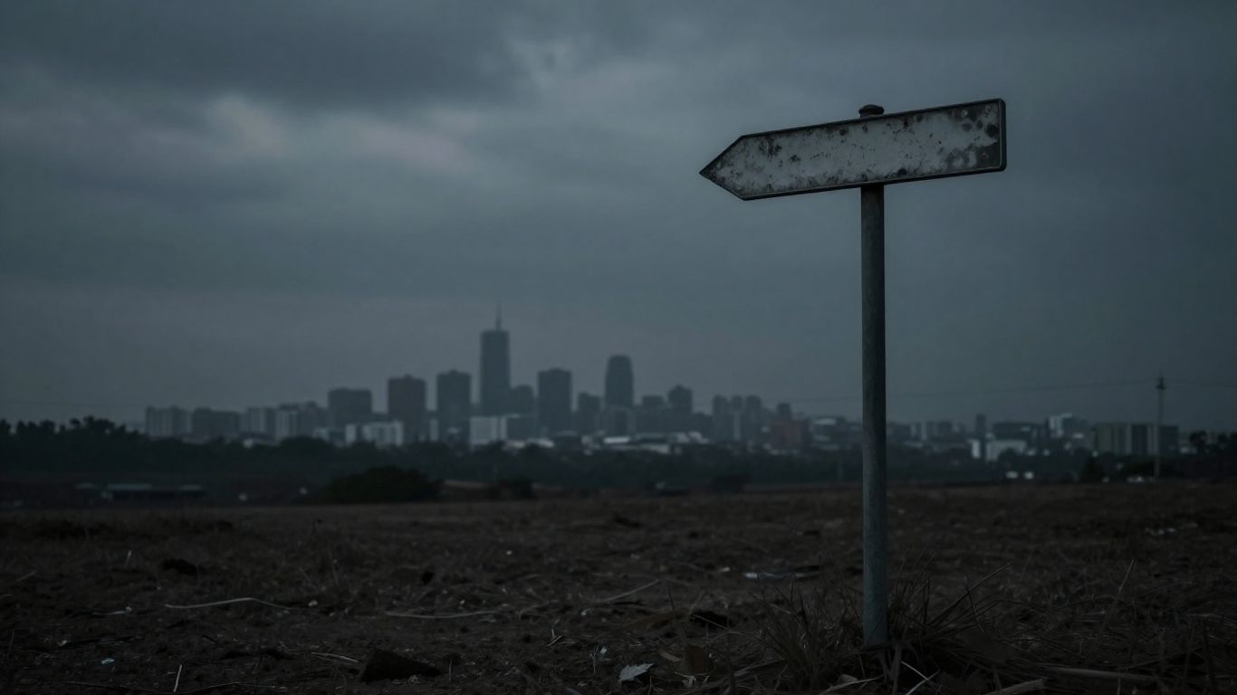 Distant city skyline with a lone signpost in a cloudy landscape.