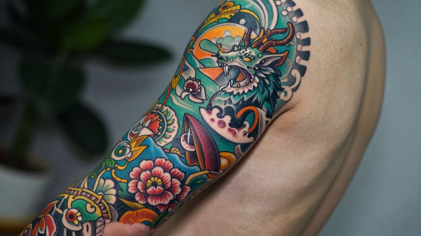 Detailed photographic sleeve tattoo from shoulder to wrist.