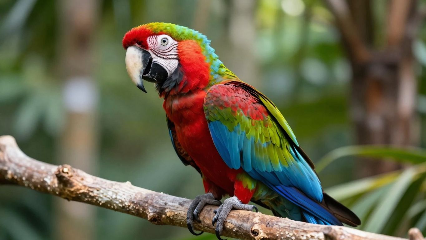 Green Wing Macaw parrot perched on a branch.