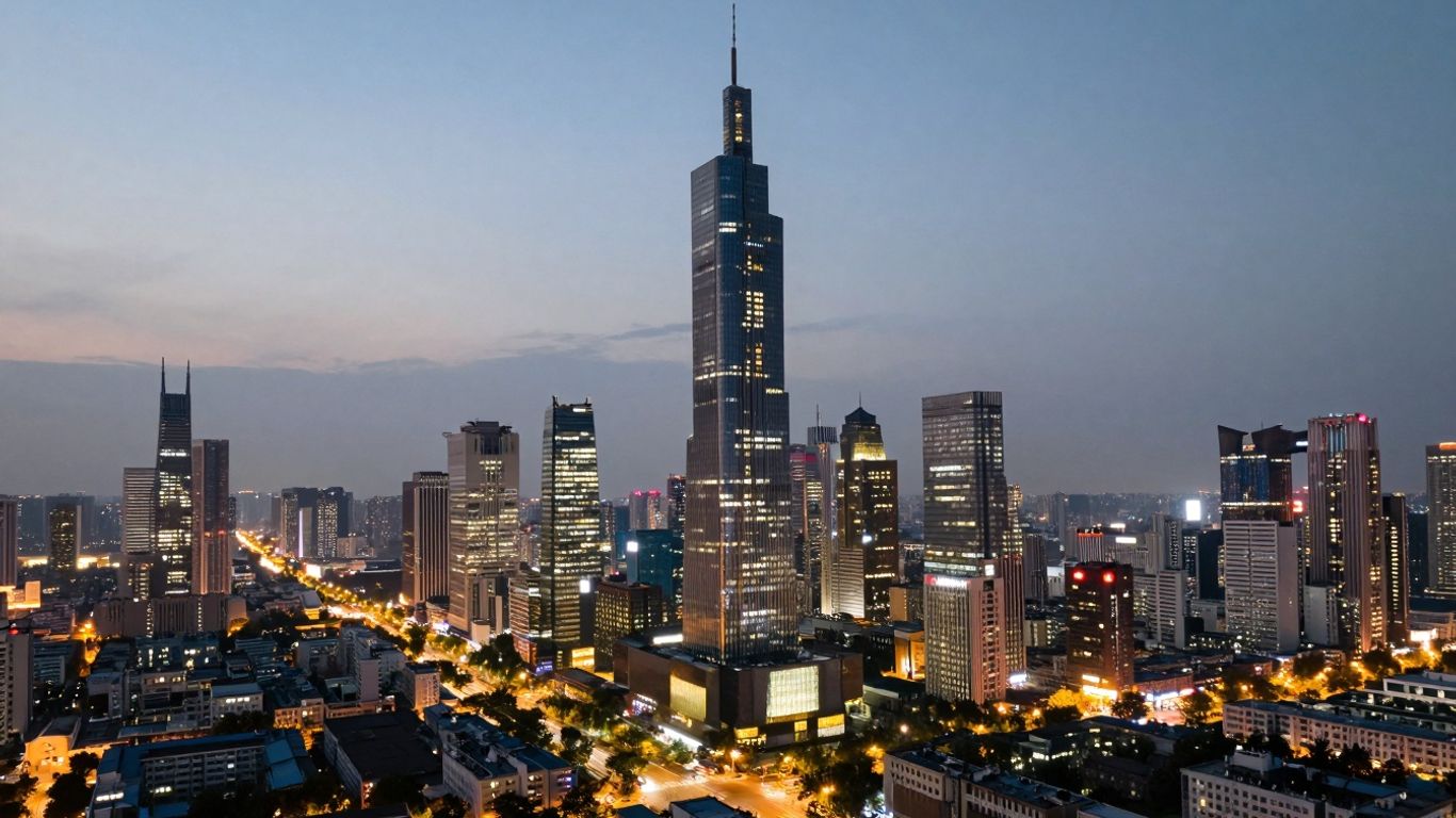 China financial district skyline at dusk, economic growth