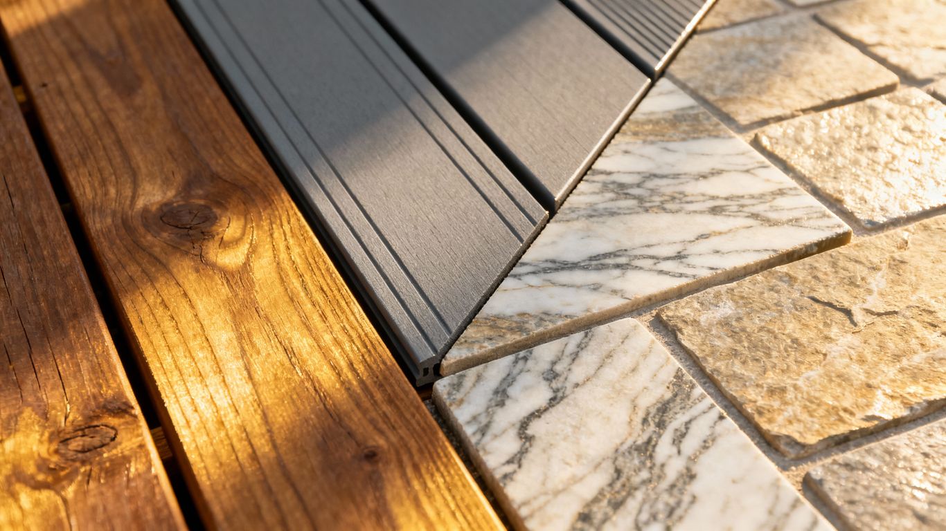 Decking materials: wood, composite, and stone textures.