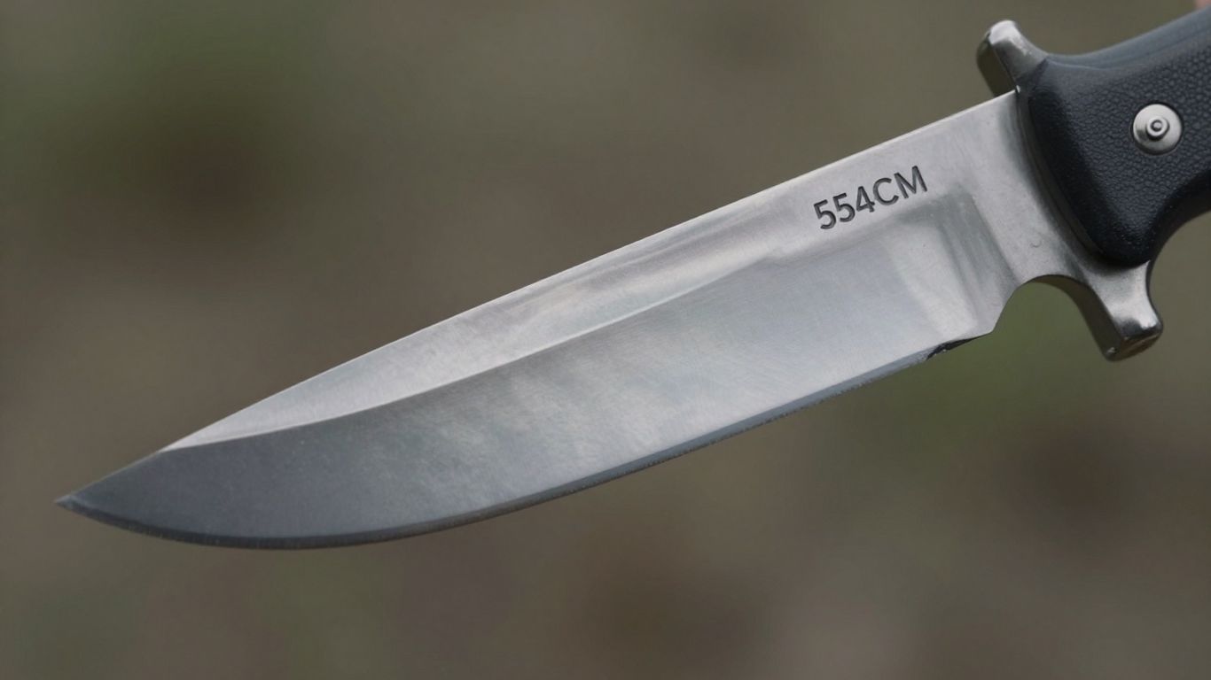 Close-up of a sharp 154CM steel hunting knife blade.