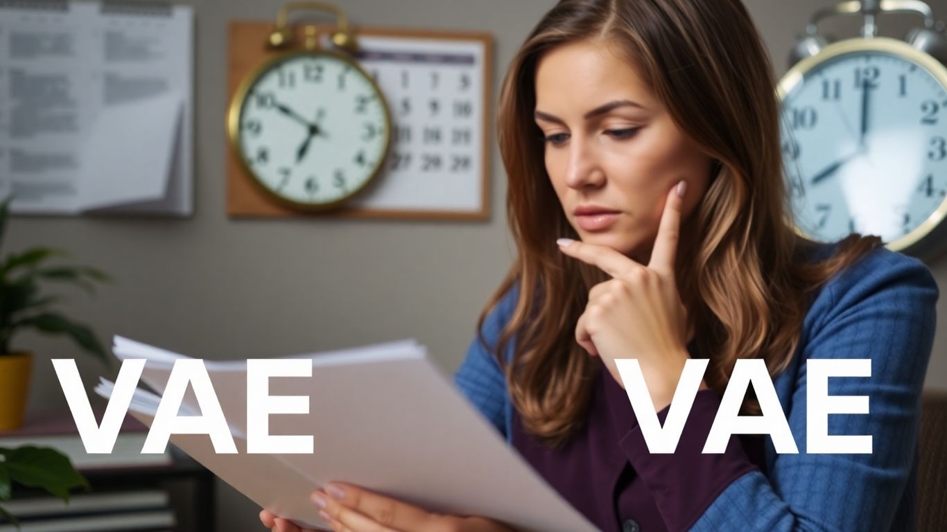 Personne examinant des documents, calendrier et horloge en arrière-plan.