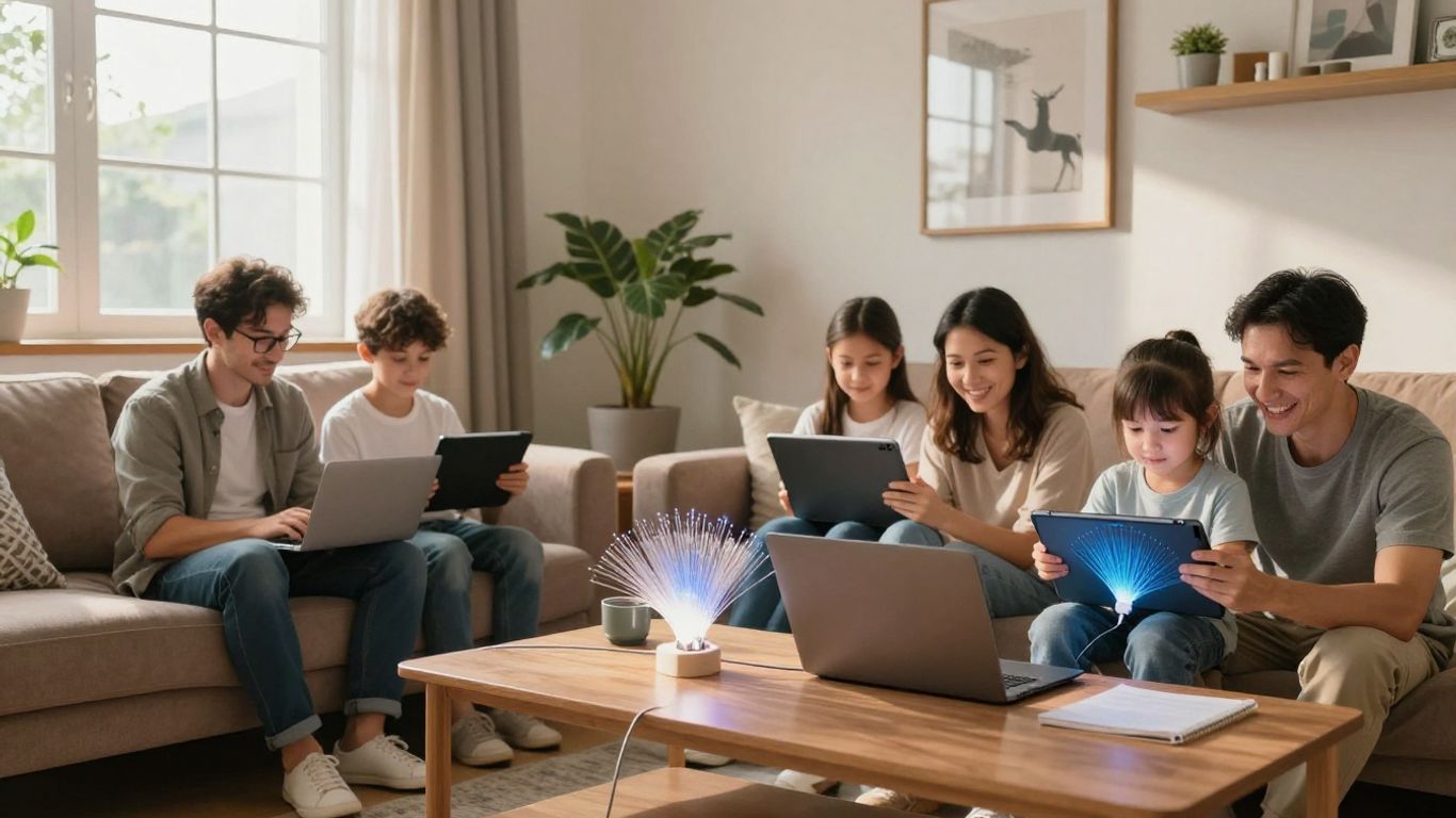 Família feliz usando internet fibra ótica em casa.