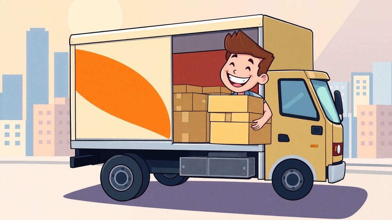 Cartoon moving truck with happy person