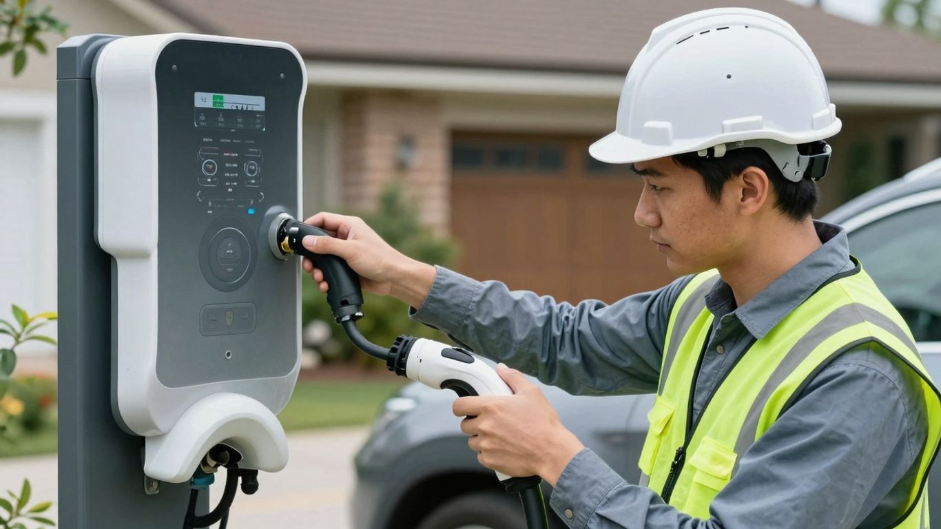 Technicien installant une borne de recharge électrique pour véhicule.
