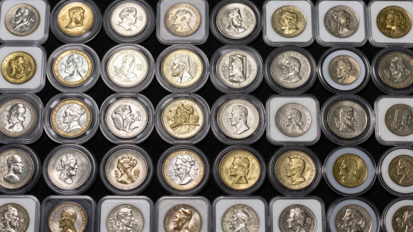 Organized coin collection with detailed coins in holders.