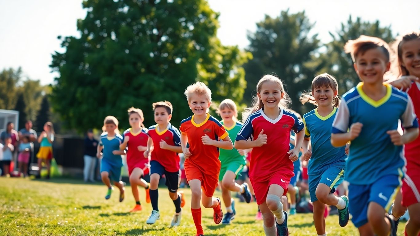 Young athletes running on a grassy field