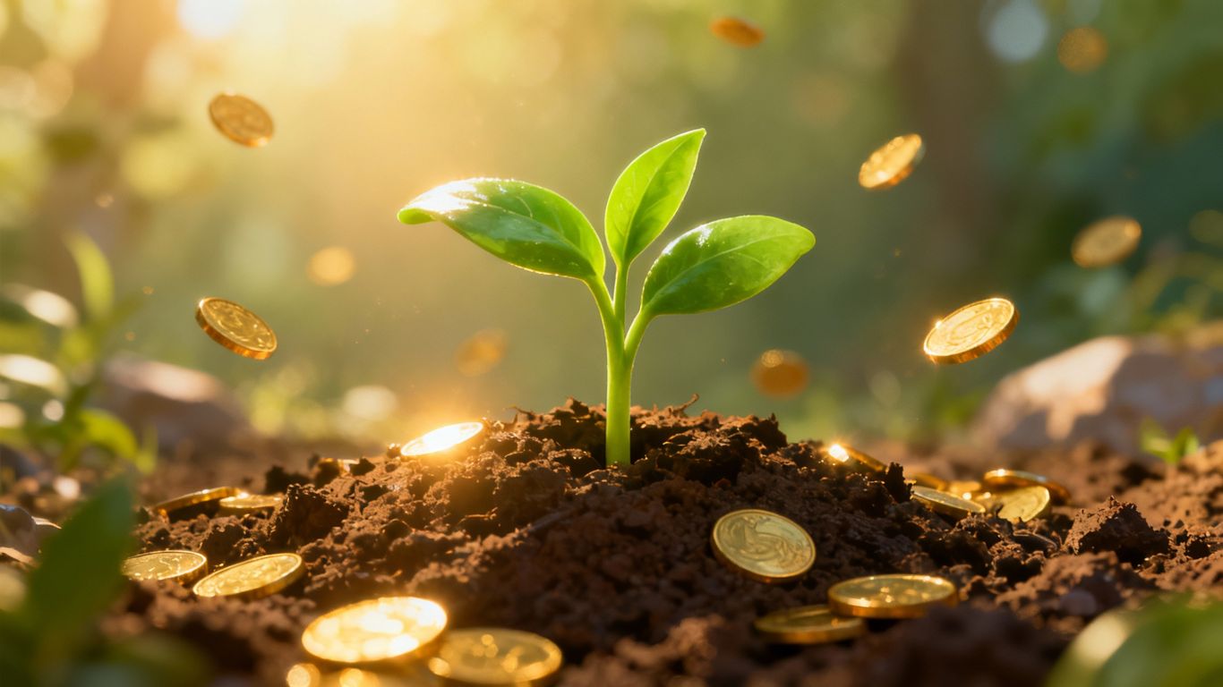 Seedling growing with gold coins around it.