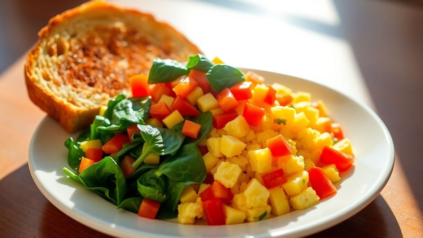 Fluffy scrambled eggs with colorful vegetables and whole-wheat toast.