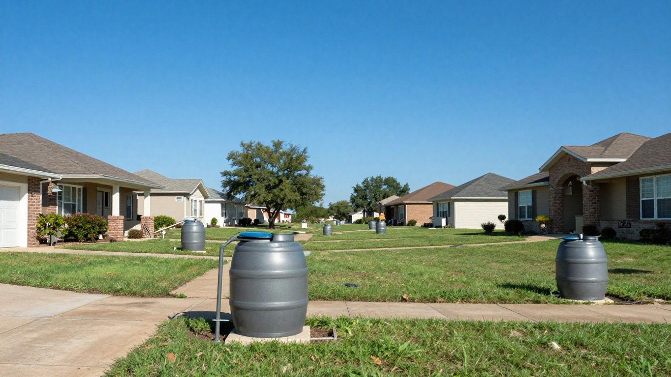 Austin neighborhood with rain barrels collecting water.