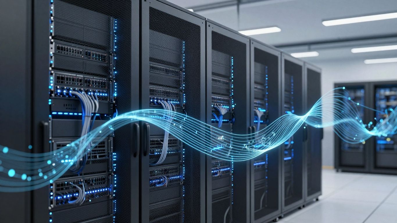 E-commerce infrastructure with glowing lights and data patterns.