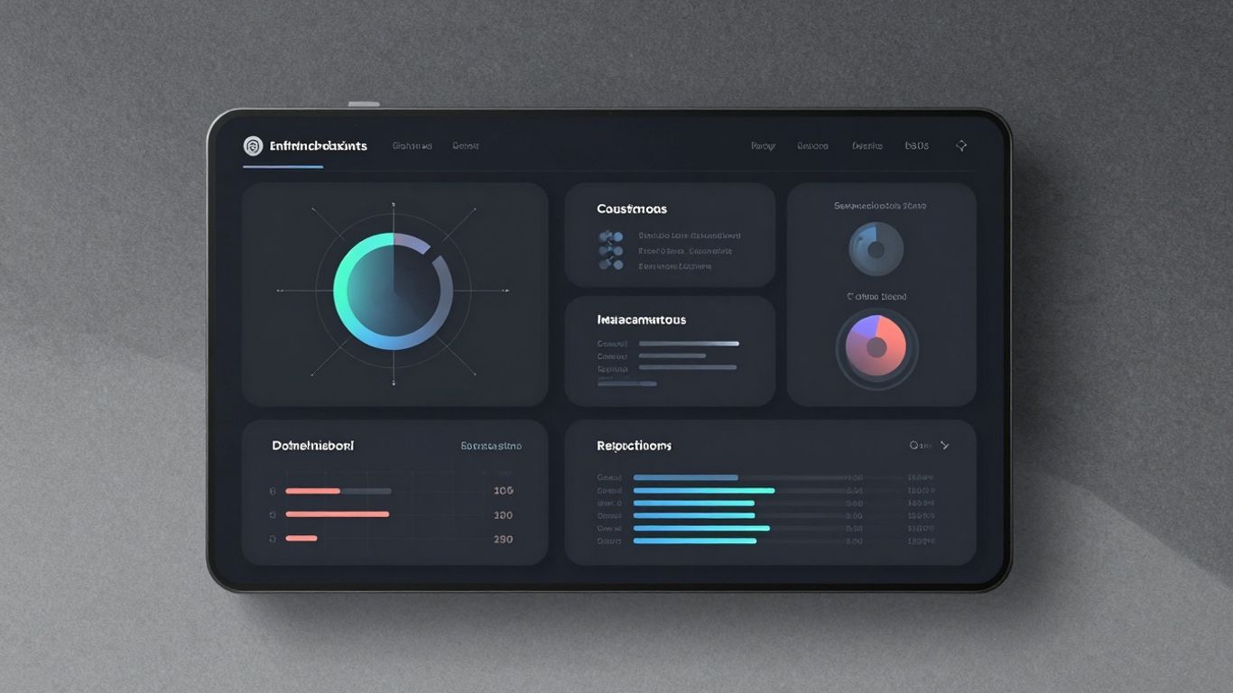 Zoho CRM interface with abstract shapes and gradients.